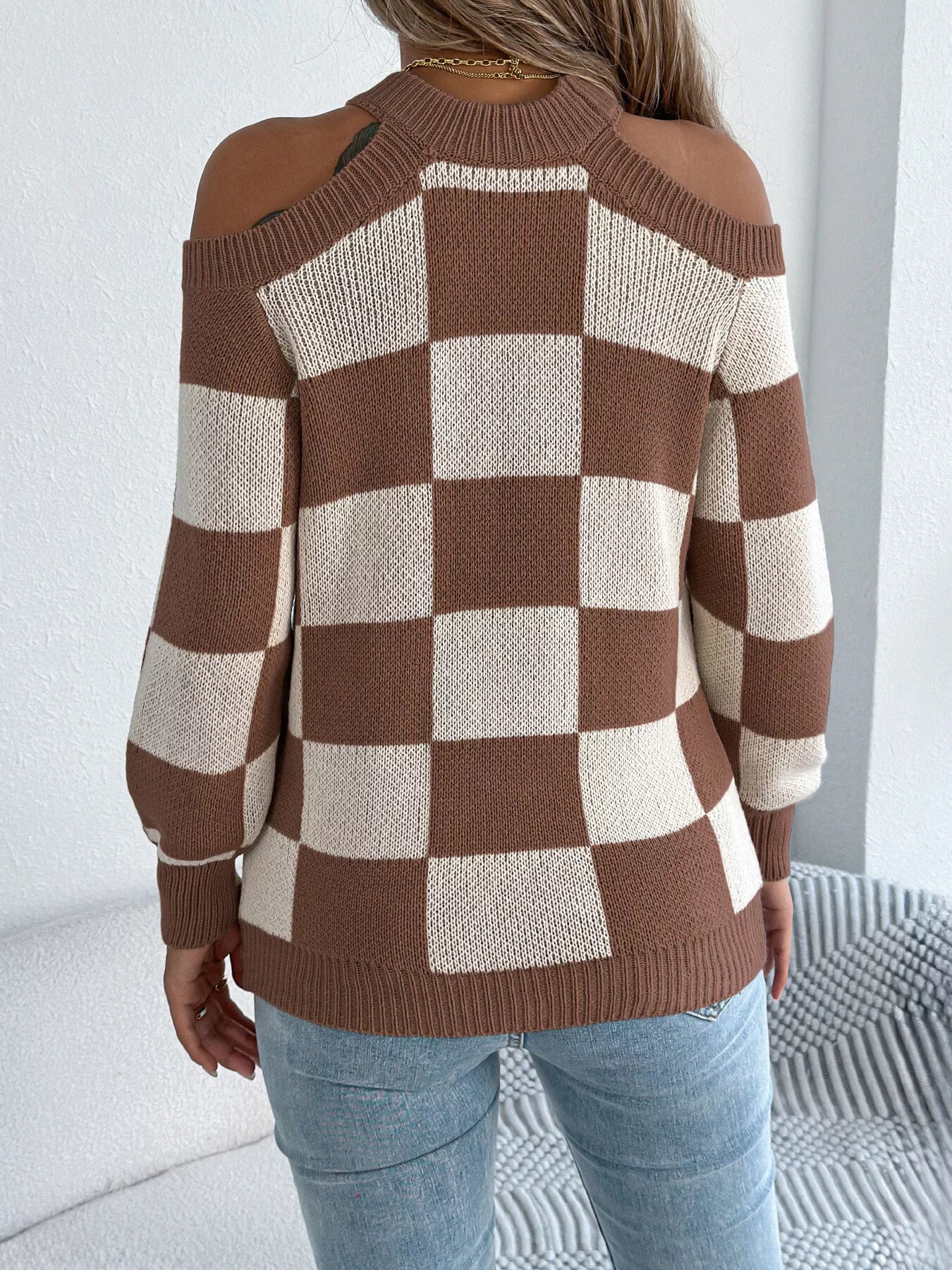 Cold Shoulder Checkered Long Sleeve Sweater - Image 10
