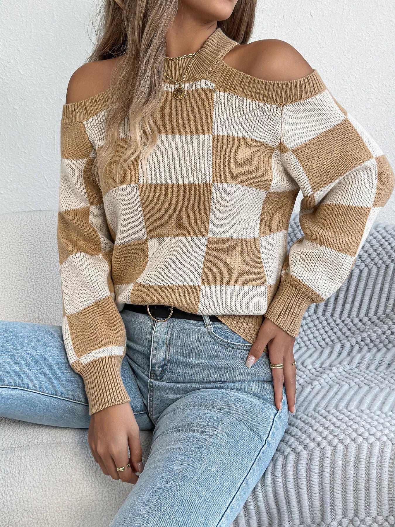 Cold Shoulder Checkered Long Sleeve Sweater - Image 15