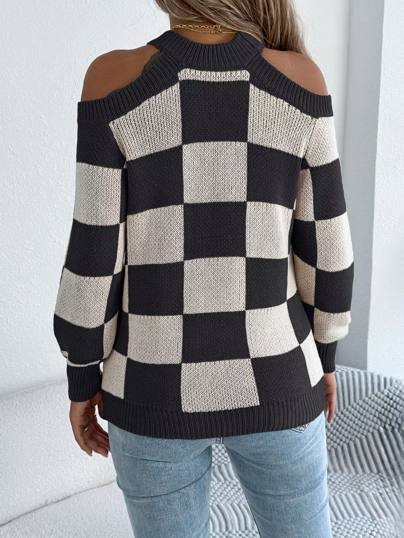 Cold Shoulder Checkered Long Sleeve Sweater - Image 3