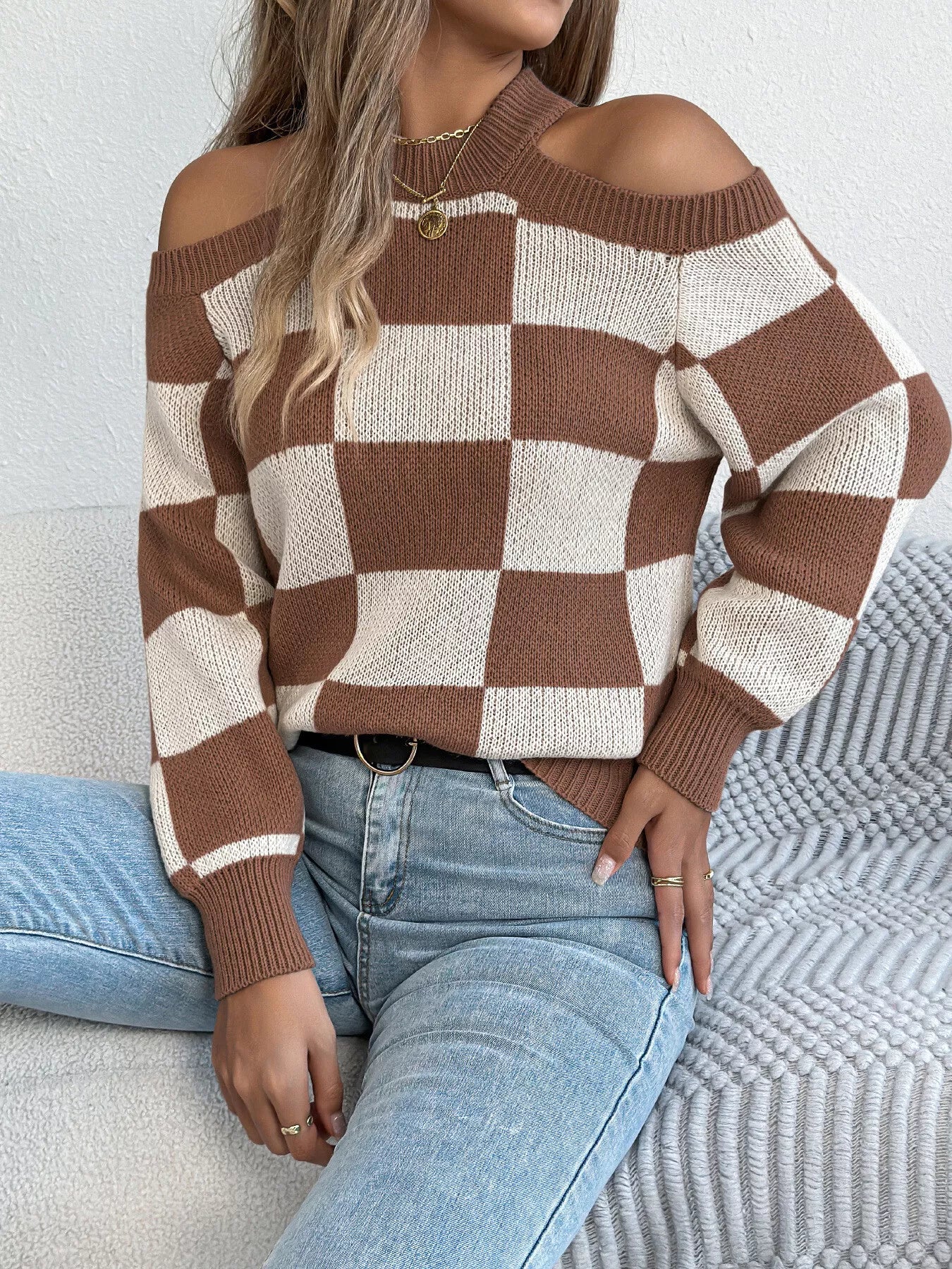 Cold Shoulder Checkered Long Sleeve Sweater - Image 7