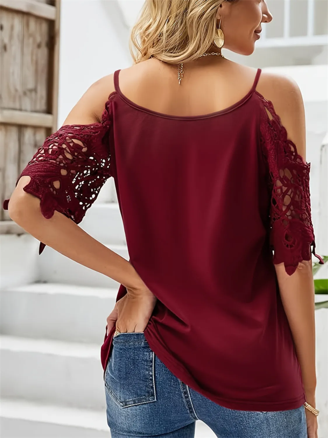 Cold Shoulder Lace Sleeve Blouse - Image 3