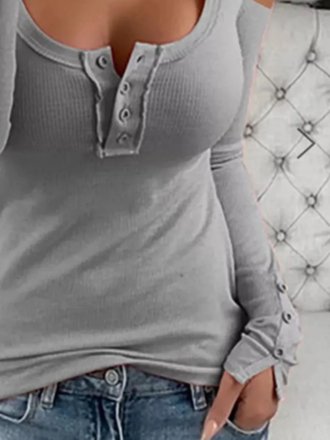 Cold Shoulder Ribbed Henley T-Shirt with Button Detail - Image 11