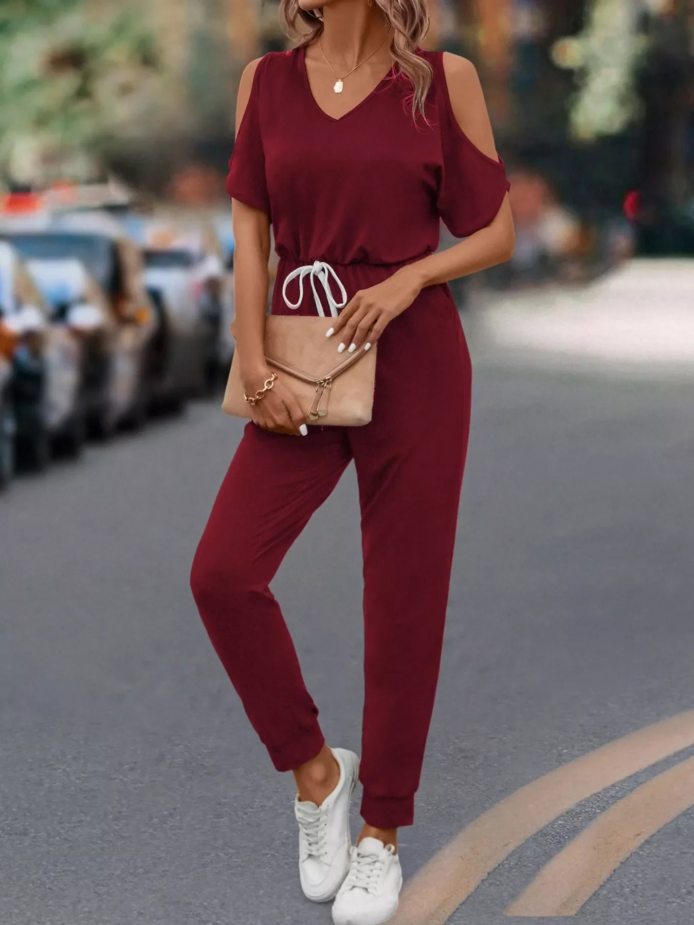 Cold Shoulder V-Neck Drawstring Waist Jumpsuit - Image 10