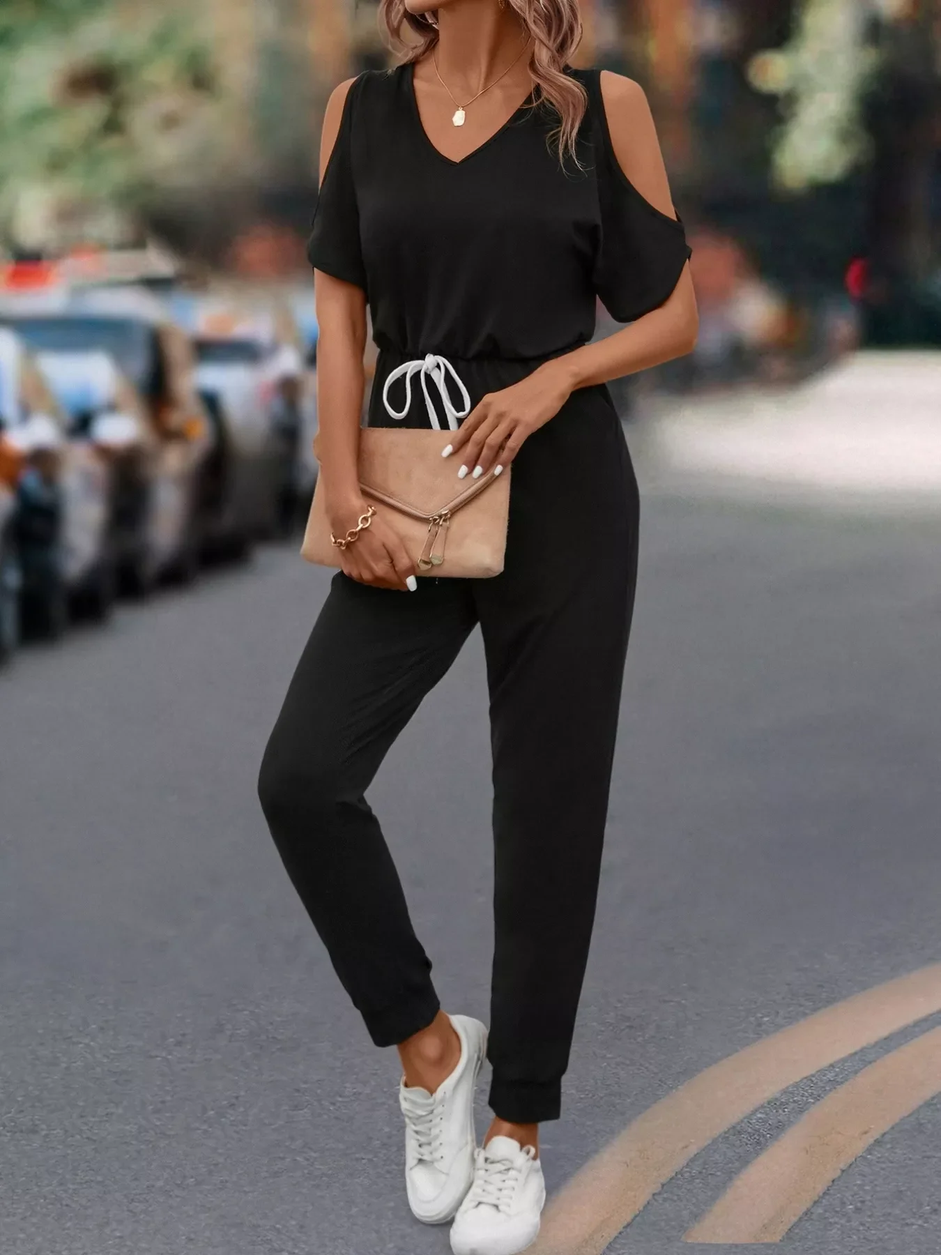 Cold Shoulder V-Neck Drawstring Waist Jumpsuit - Image 2