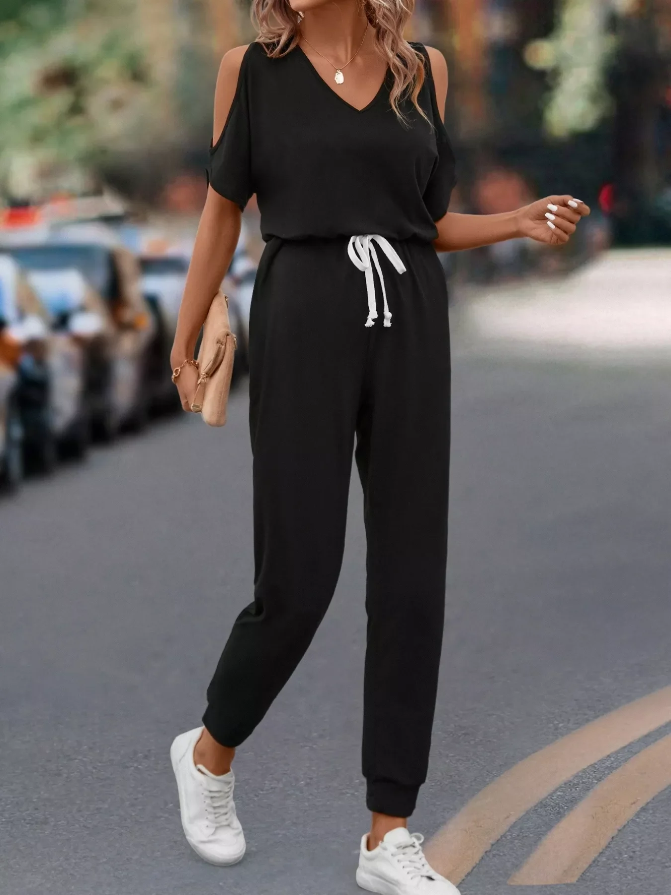 Cold Shoulder V-Neck Drawstring Waist Jumpsuit - Image 3