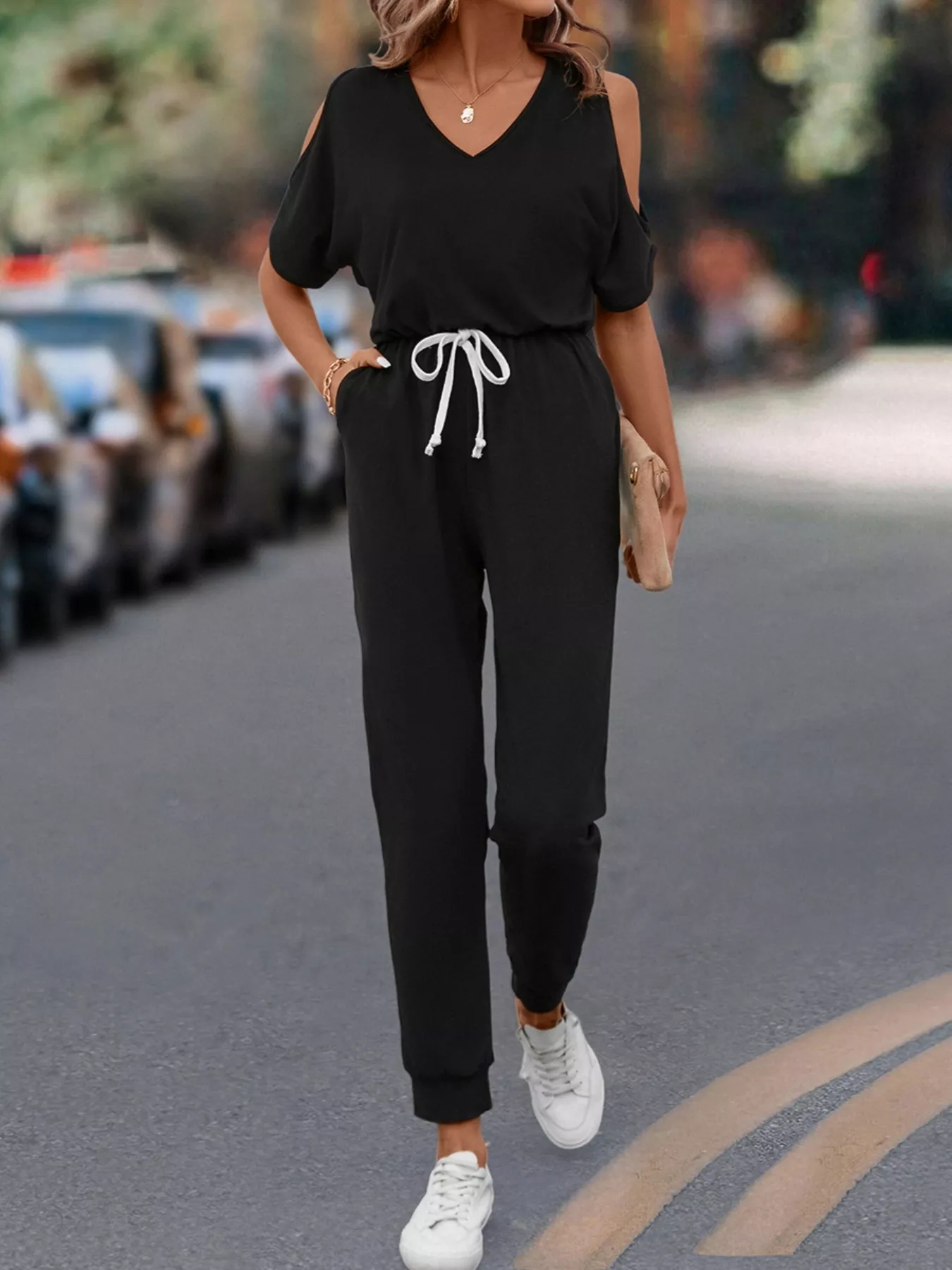 Cold Shoulder V-Neck Drawstring Waist Jumpsuit - Image 4