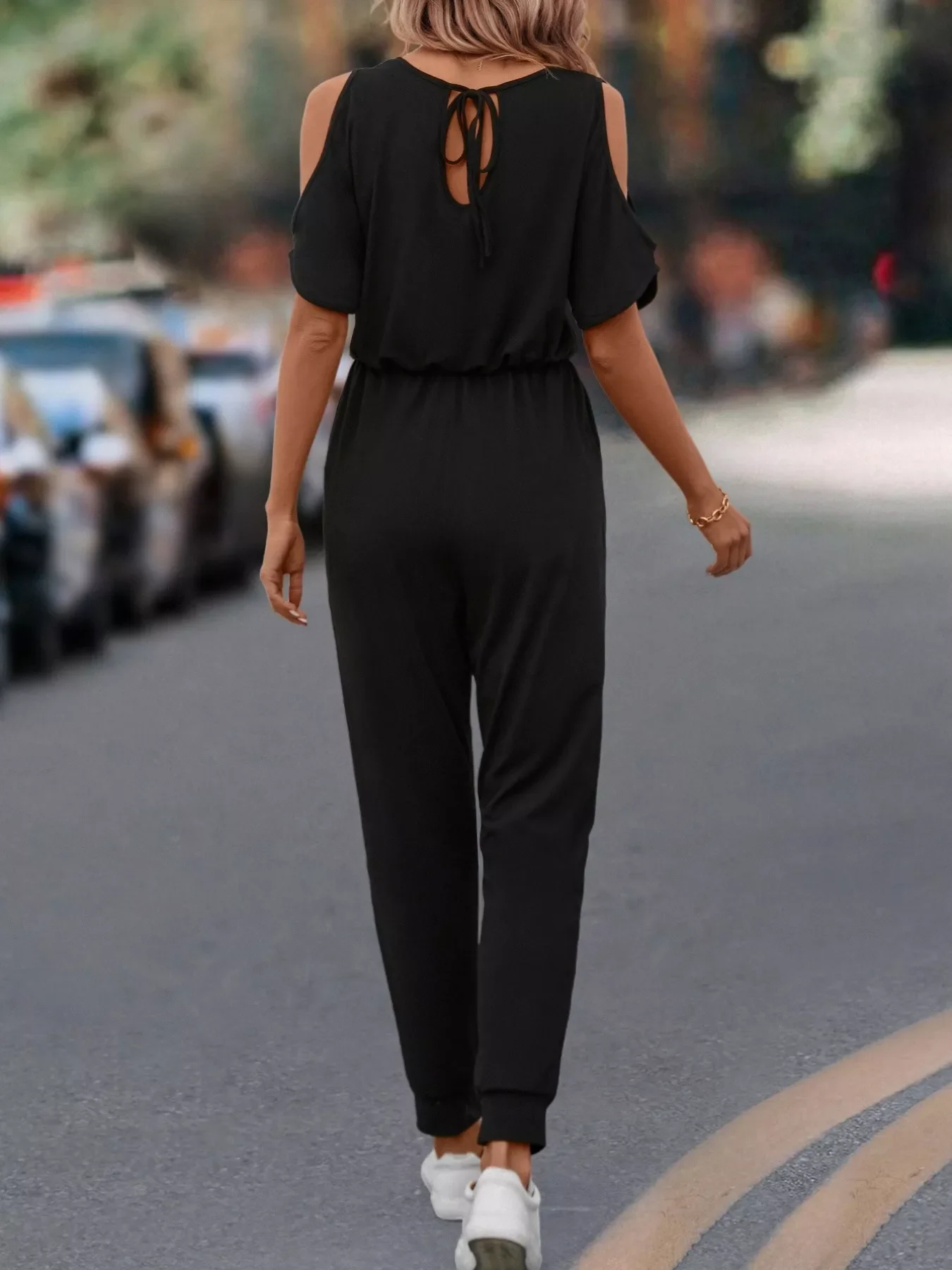 Cold Shoulder V-Neck Drawstring Waist Jumpsuit - Image 5
