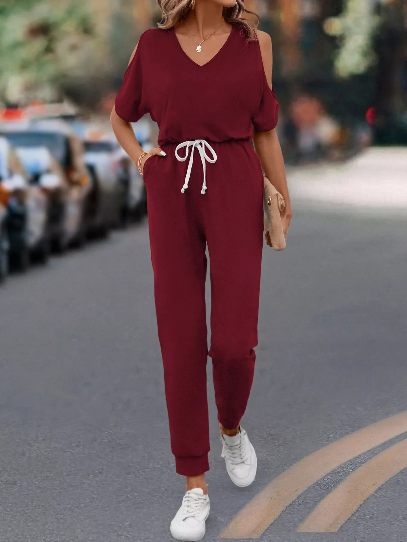 Cold Shoulder V-Neck Drawstring Waist Jumpsuit - Image 7