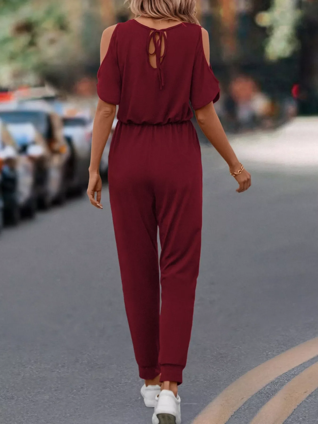 Cold Shoulder V-Neck Drawstring Waist Jumpsuit - Image 9