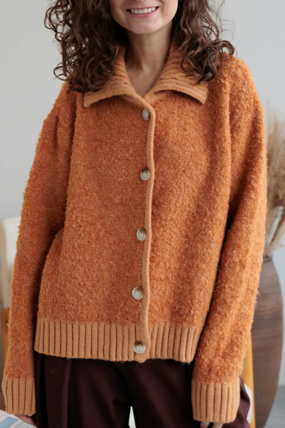 Collared Neck Button Down Long Sleeve Cardigan - Image 2