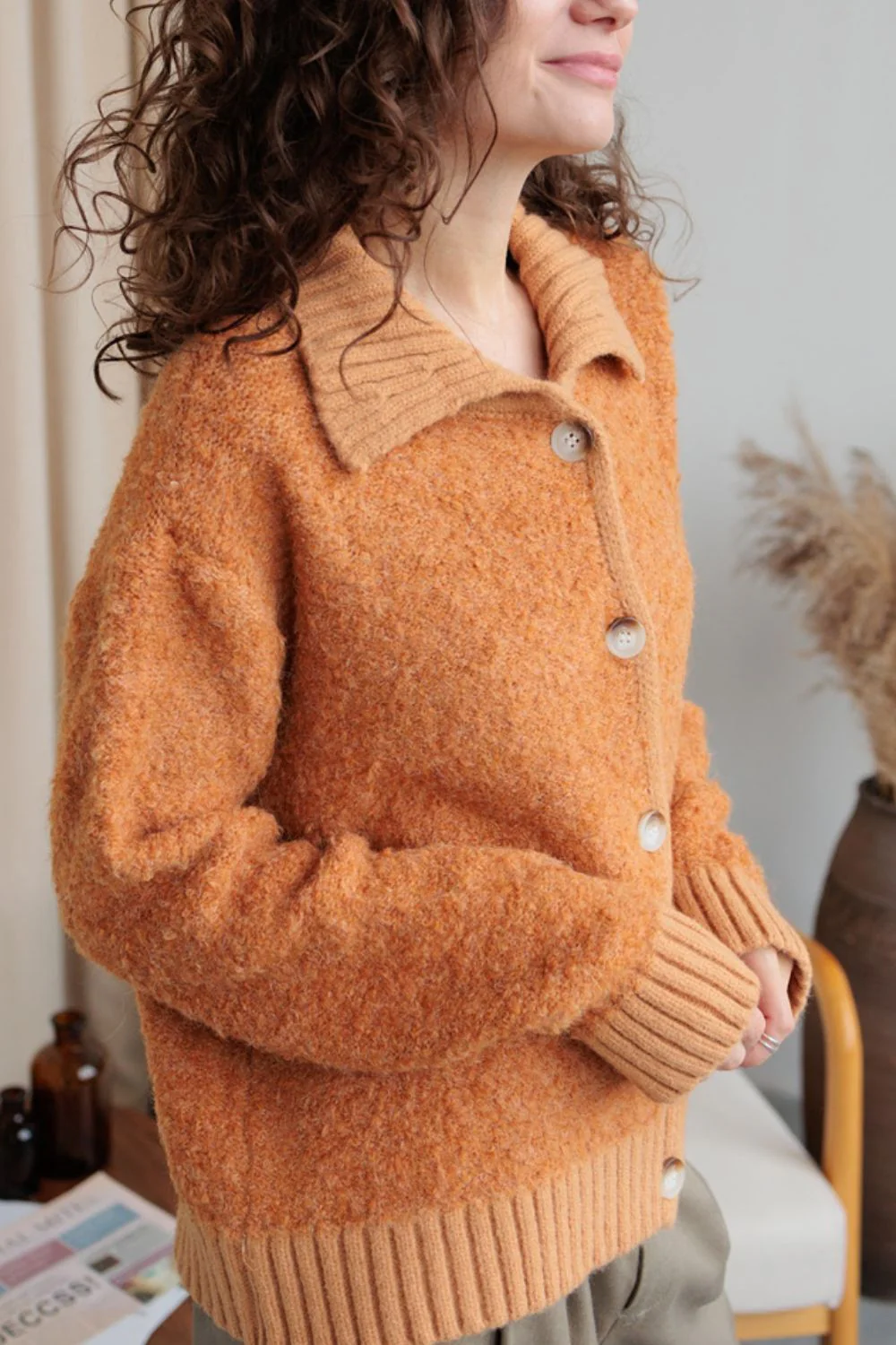 Collared Neck Button Down Long Sleeve Cardigan - Image 3