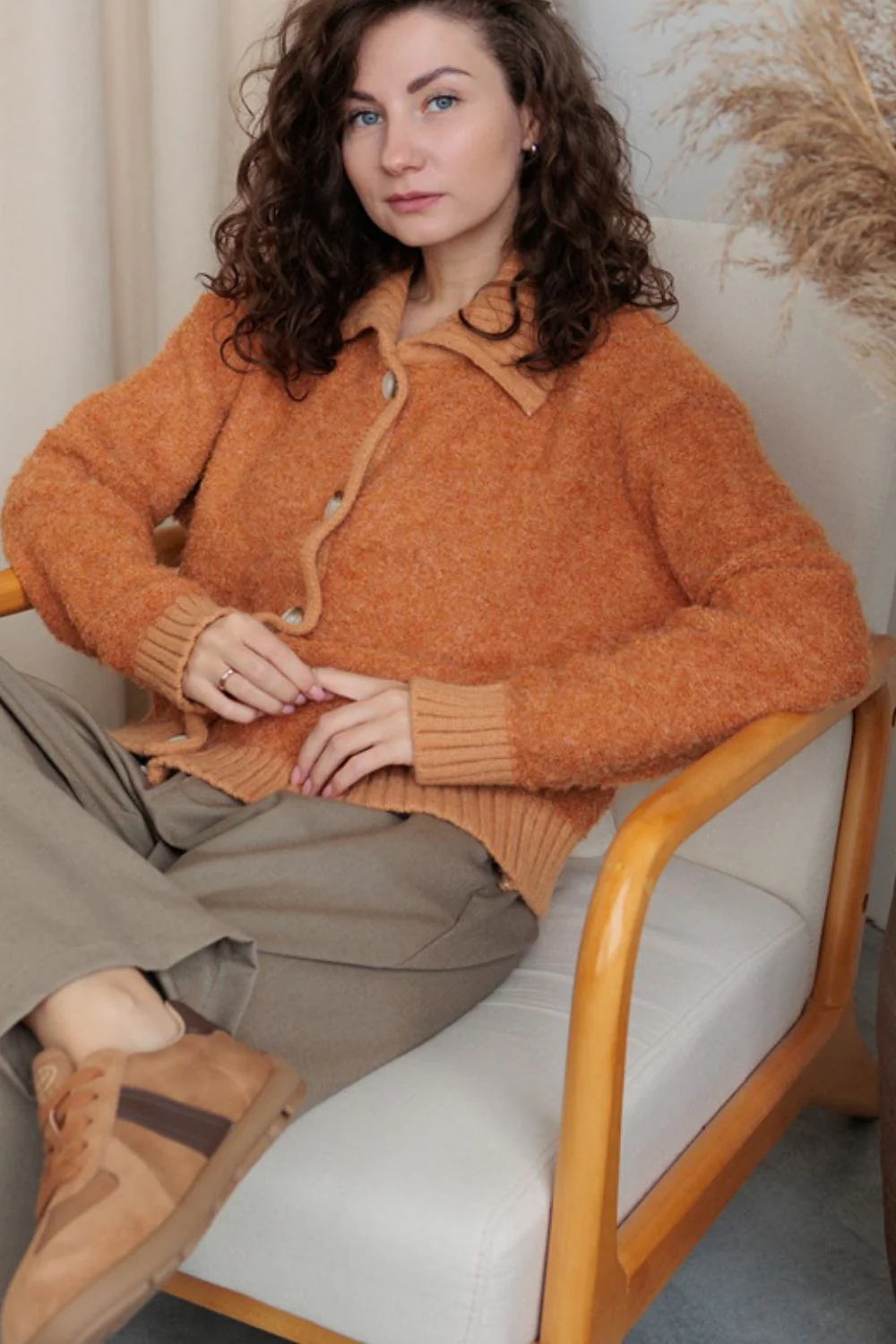 Collared Neck Button Down Long Sleeve Cardigan - Image 5