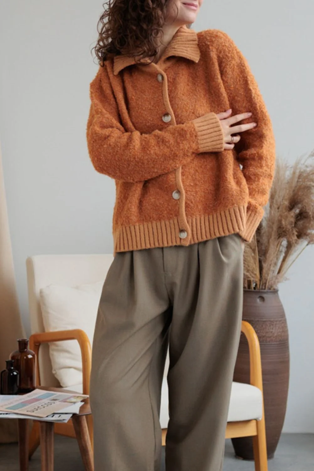 Collared Neck Button Down Long Sleeve Cardigan - Image 6