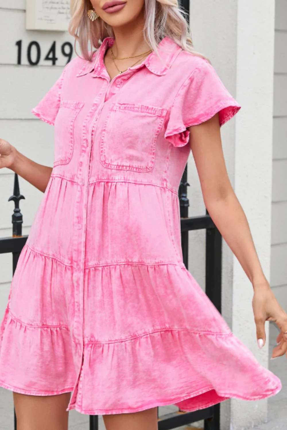 Collared Neck Button Down Mini Denim Dress - Image 3