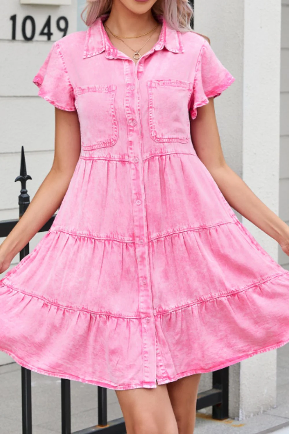 Collared Neck Button Down Mini Denim Dress - Image 4