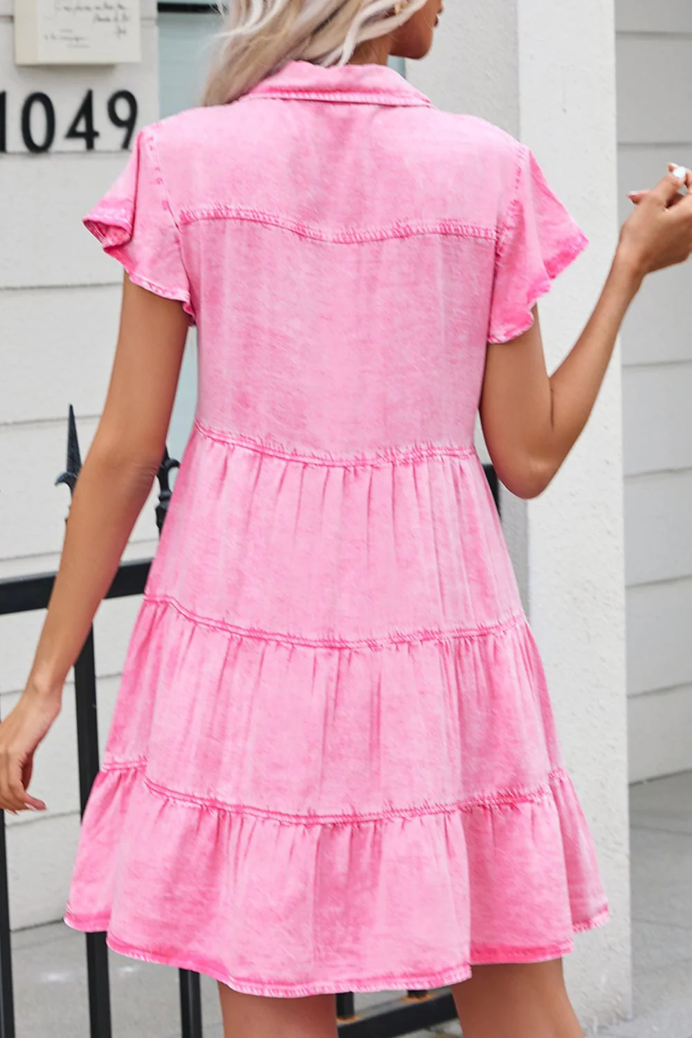 Collared Neck Button Down Mini Denim Dress - Image 5