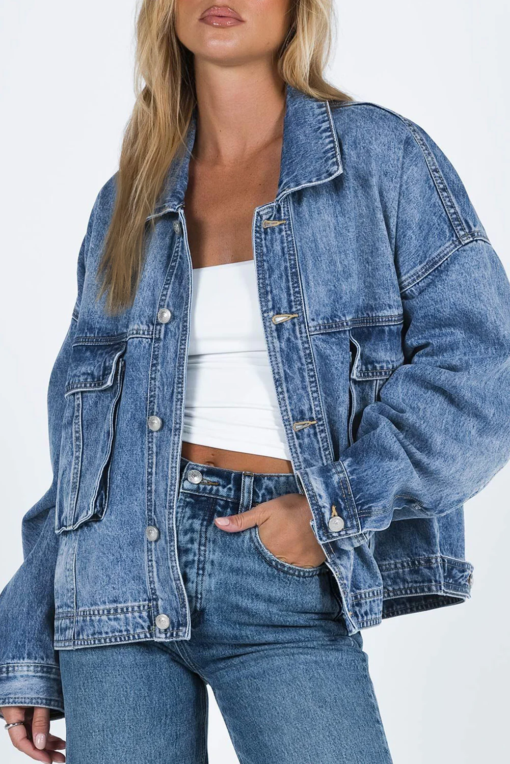 Collared Neck Button Up Denim Jacket - Image 10
