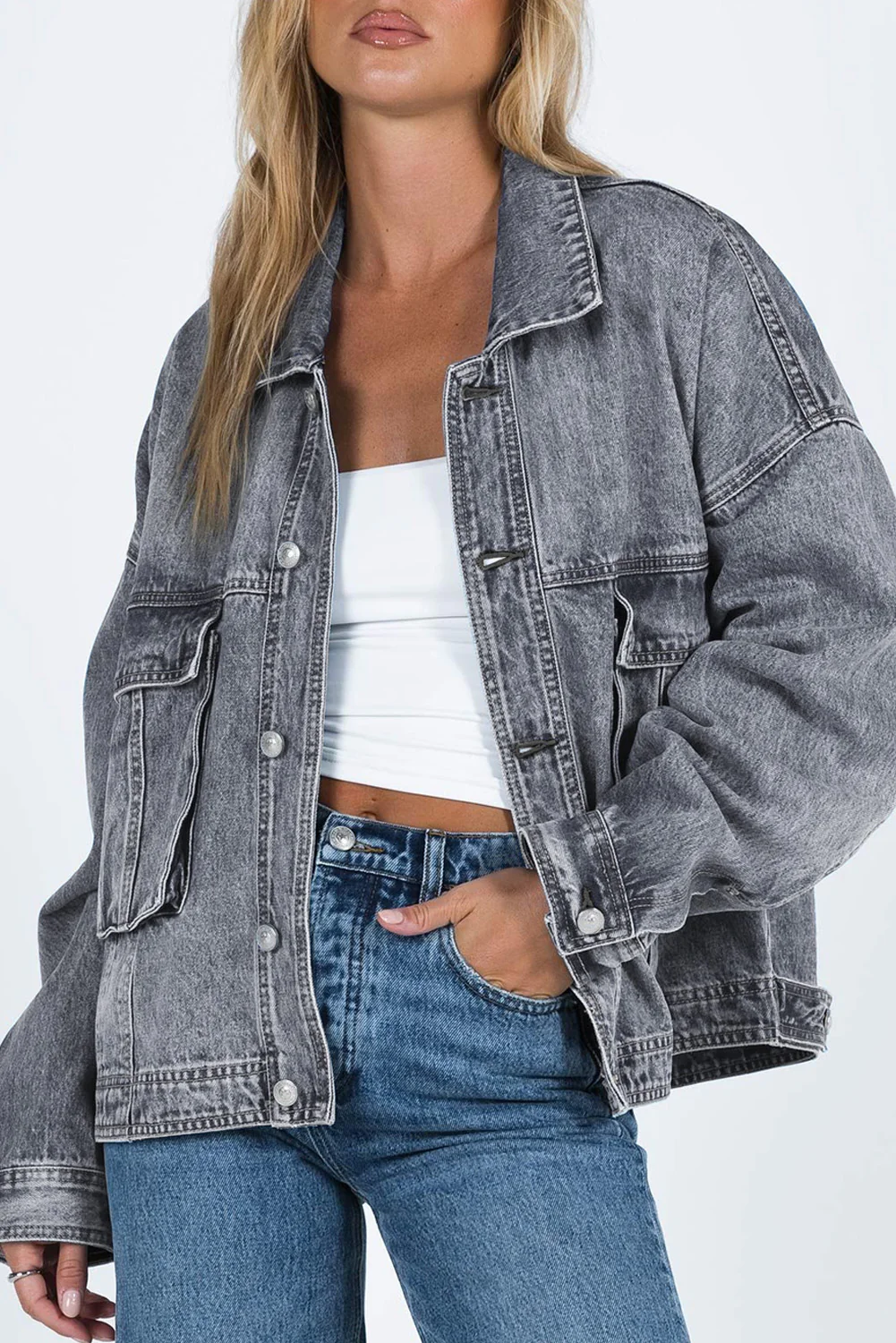 Collared Neck Button Up Denim Jacket - Image 20