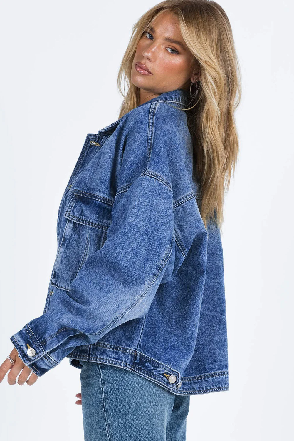 Collared Neck Button Up Denim Jacket - Image 4