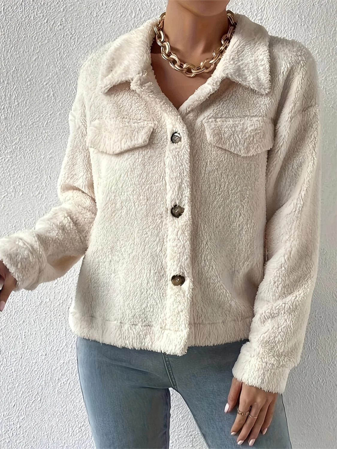 Collared Neck Button Up Jacket with Decorative Pocket Flaps - Image 2
