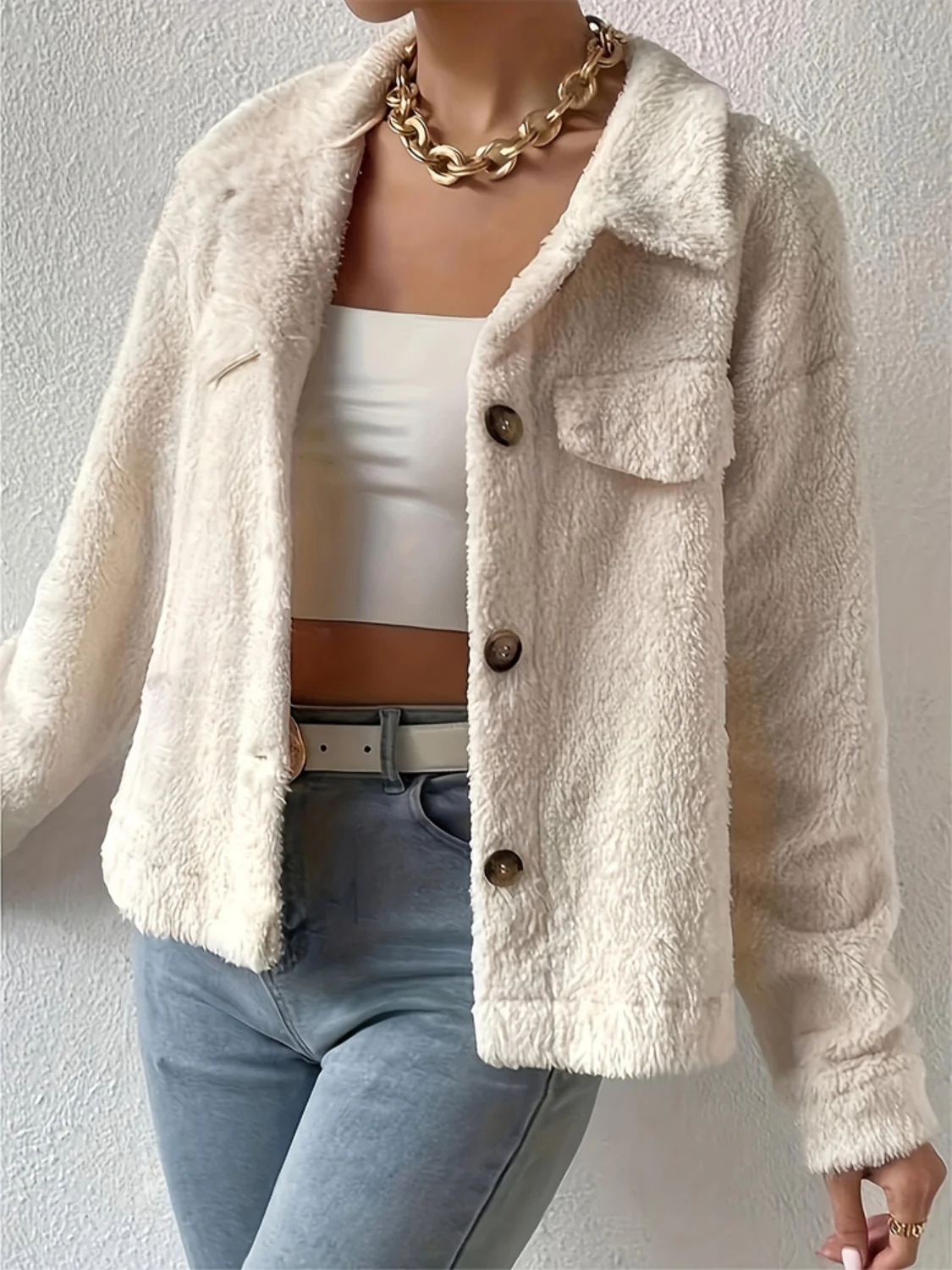 Collared Neck Button Up Jacket with Decorative Pocket Flaps - Image 3