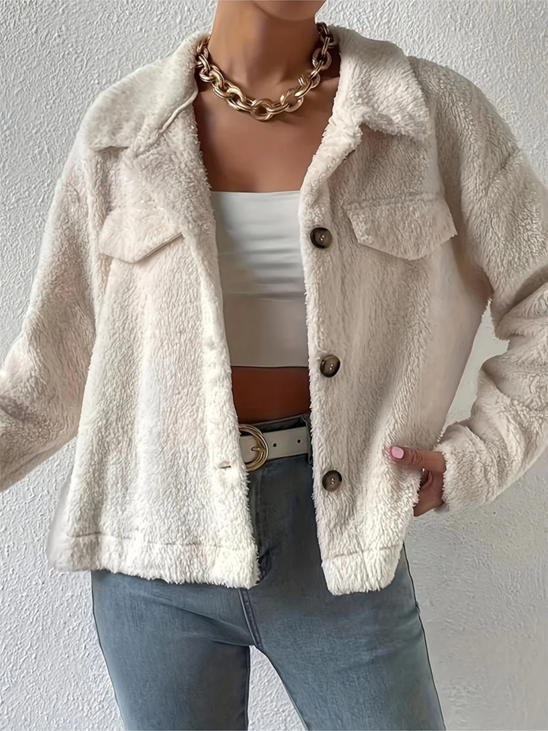 Collared Neck Button Up Jacket with Decorative Pocket Flaps - Image 5