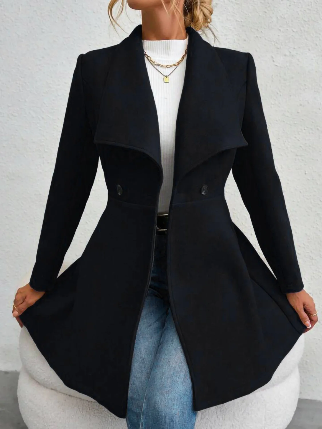 Collared Neck Button Up Long Sleeve Coat - Image 5