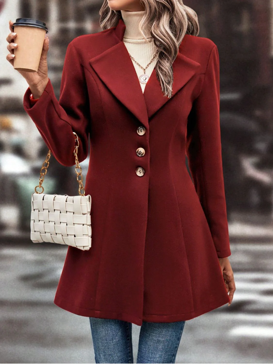 Collared Neck Button Up Long Sleeve Coat - Image 10