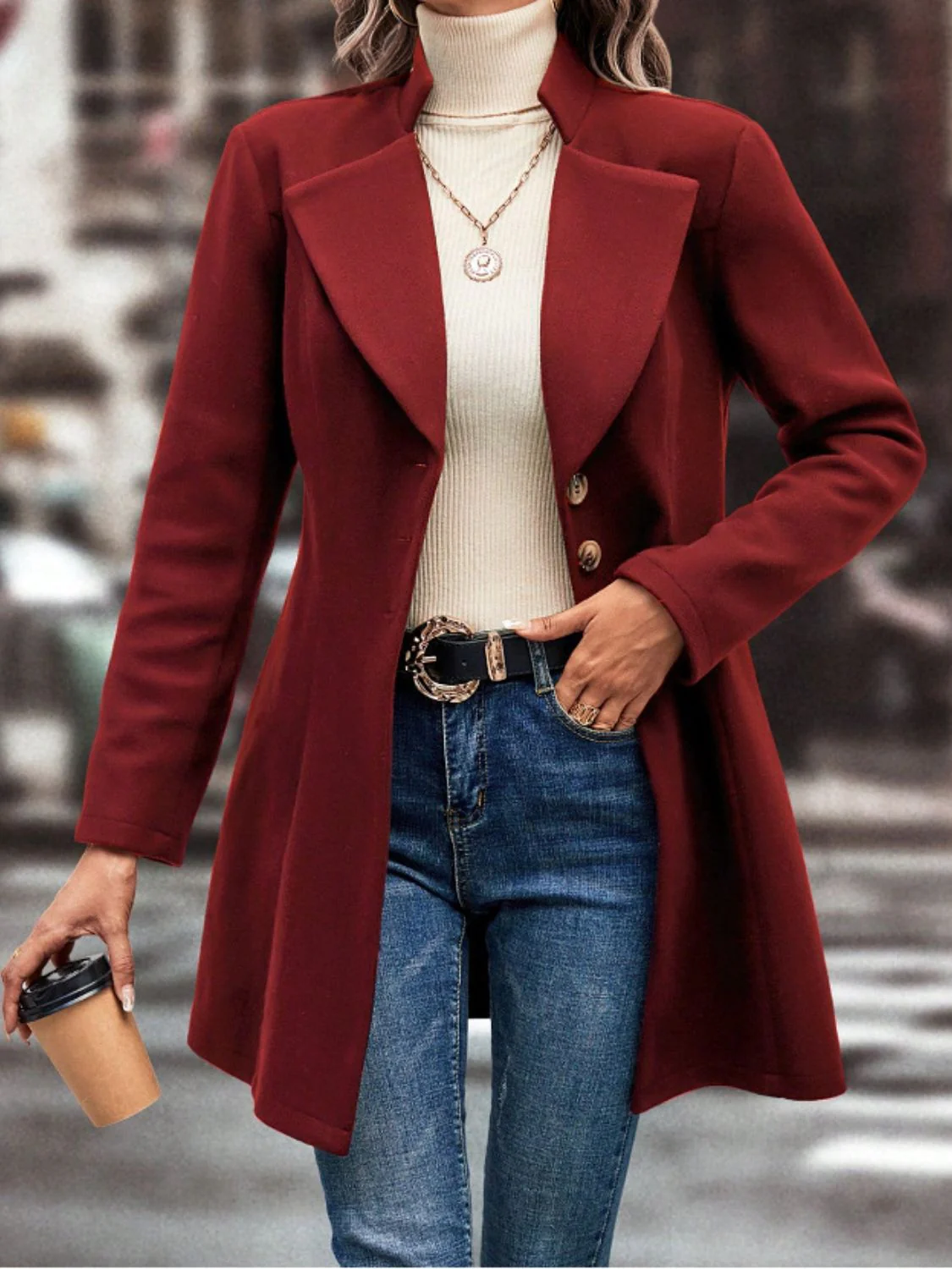 Collared Neck Button Up Long Sleeve Coat - Image 11