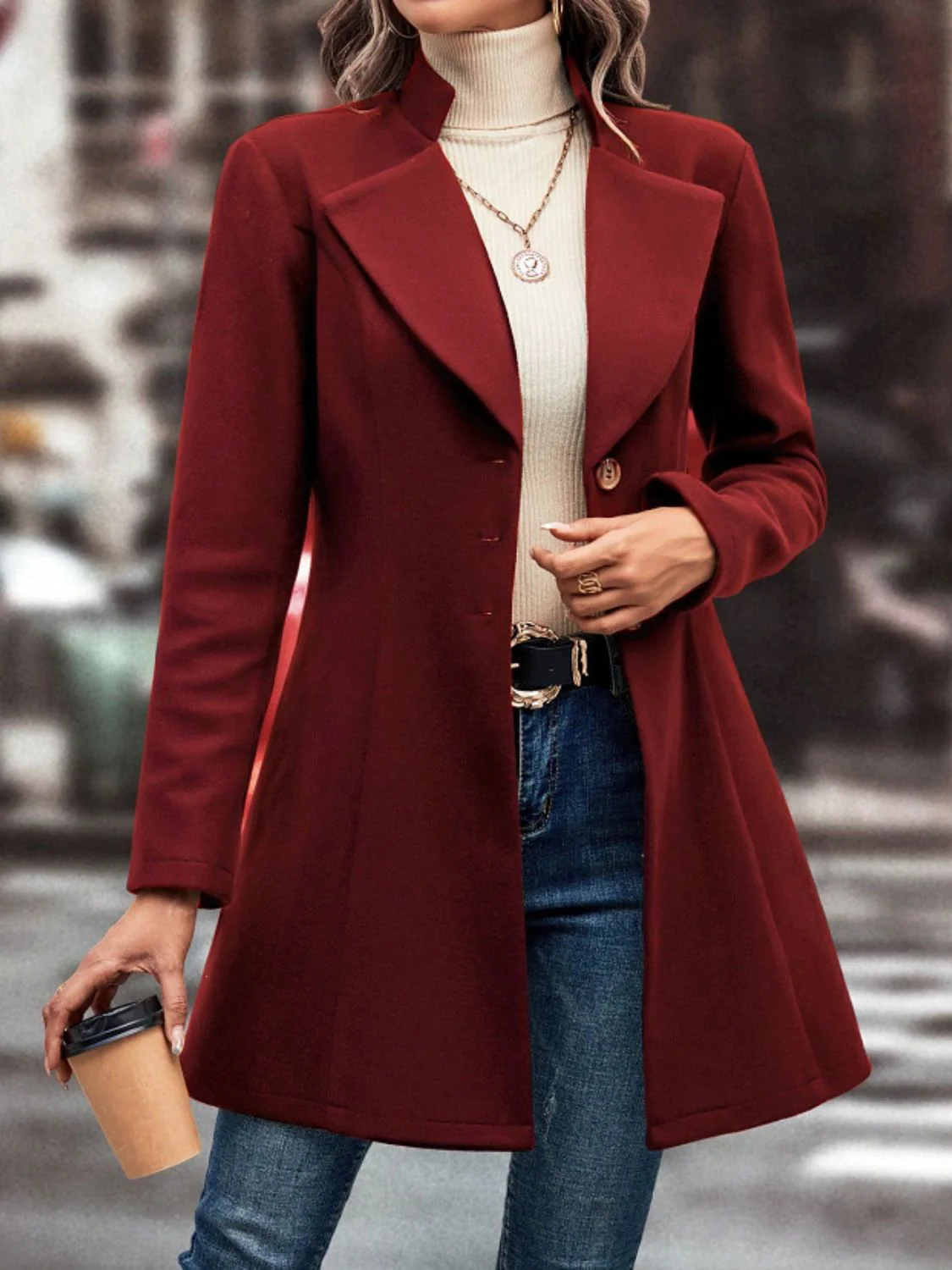 Collared Neck Button Up Long Sleeve Coat - Image 12