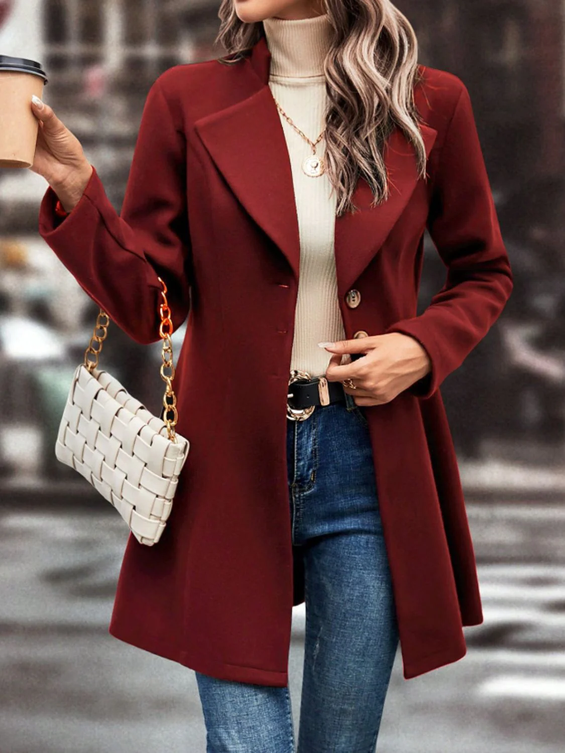 Collared Neck Button Up Long Sleeve Coat - Image 14