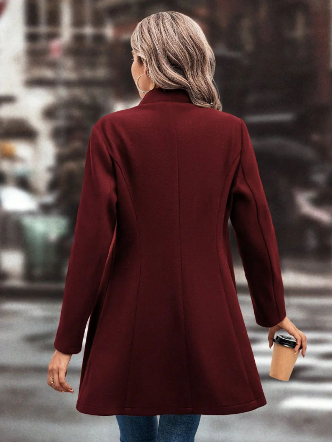 Collared Neck Button Up Long Sleeve Coat - Image 2