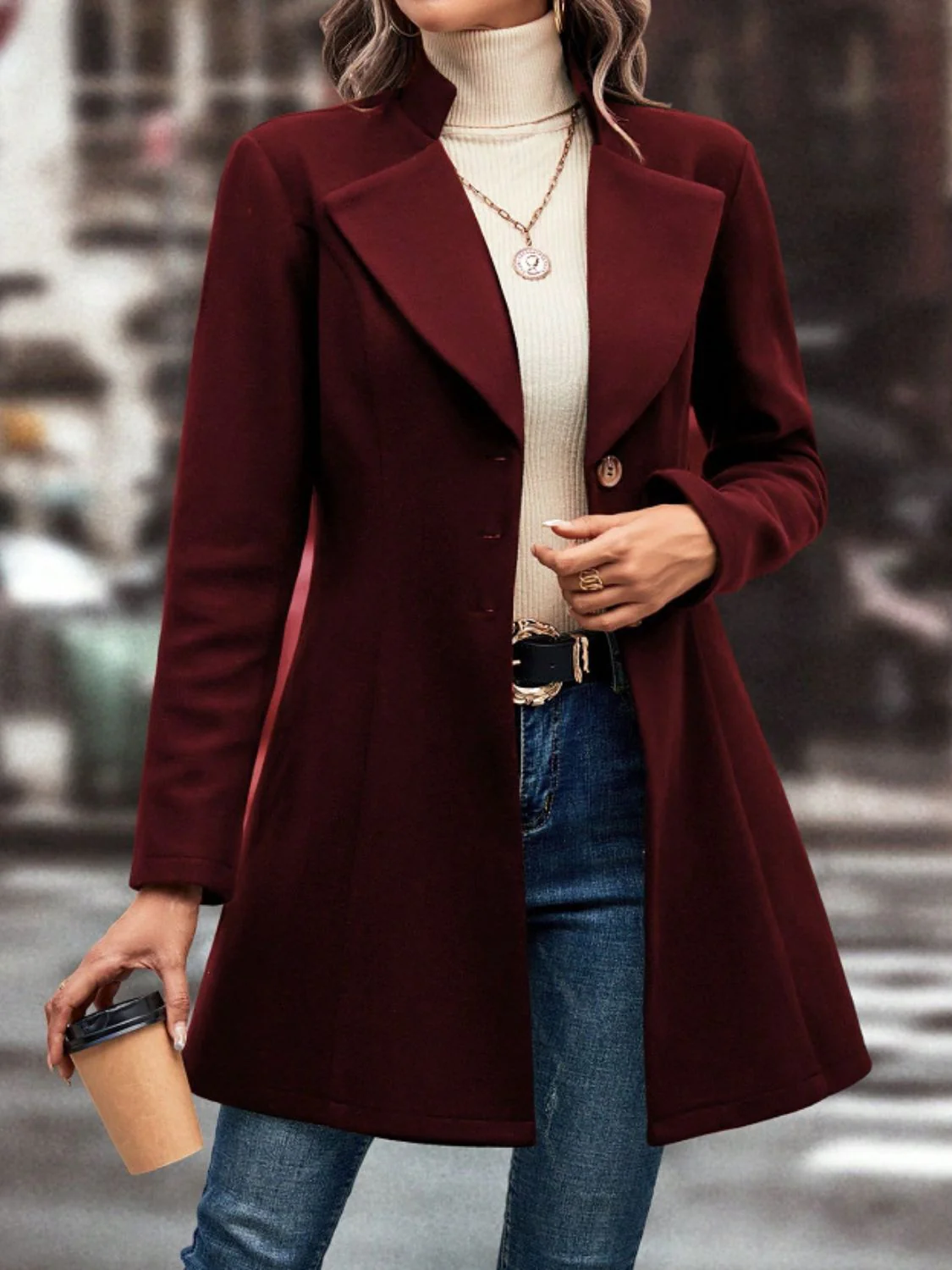 Collared Neck Button Up Long Sleeve Coat - Image 3