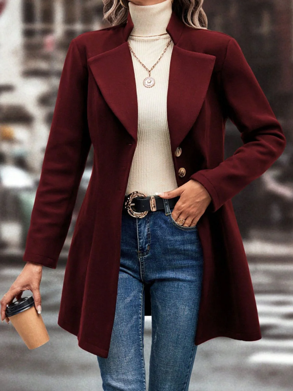 Collared Neck Button Up Long Sleeve Coat - Image 4