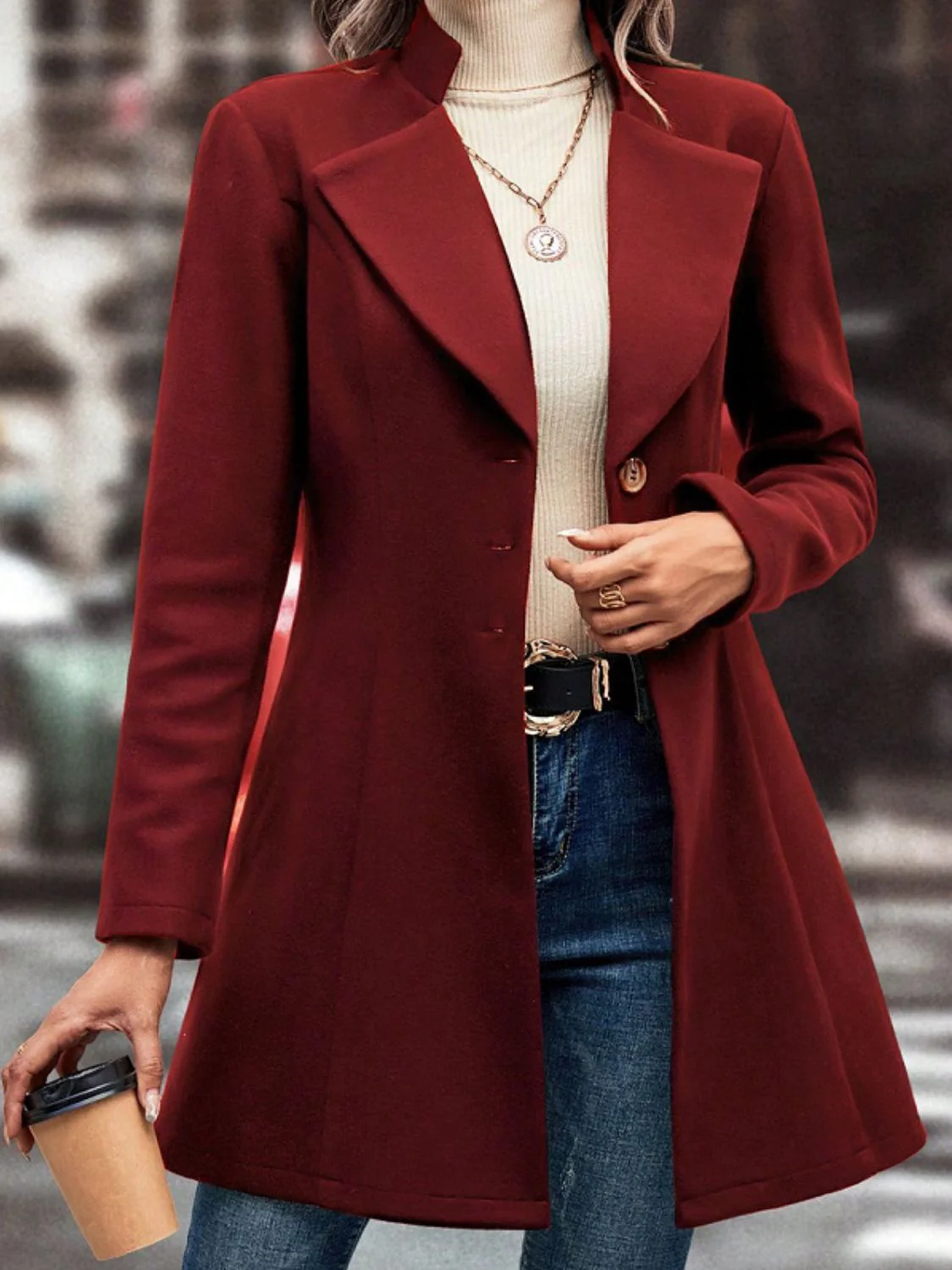 Collared Neck Button Up Long Sleeve Coat - Image 5