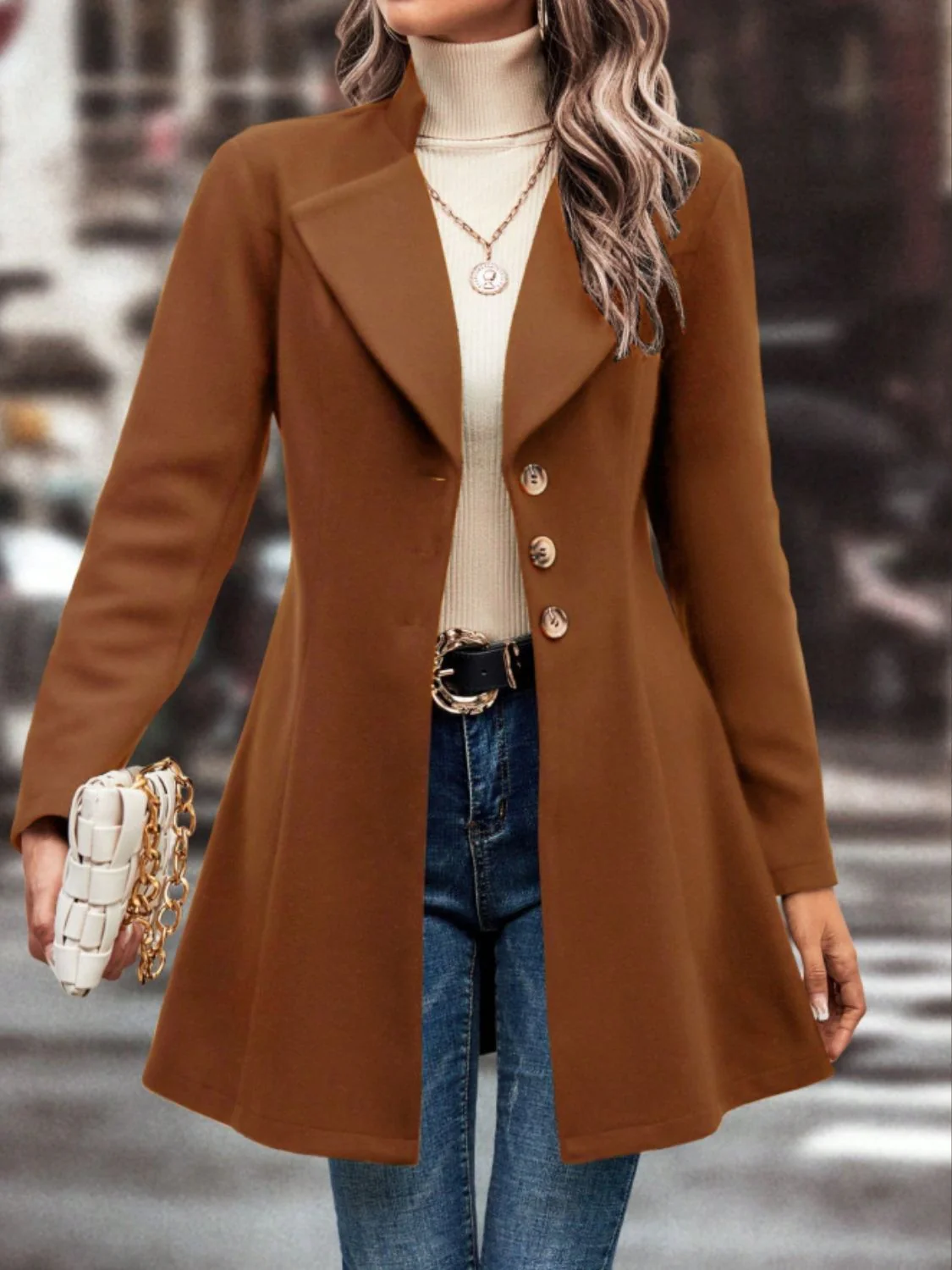 Collared Neck Button Up Long Sleeve Coat - Image 6