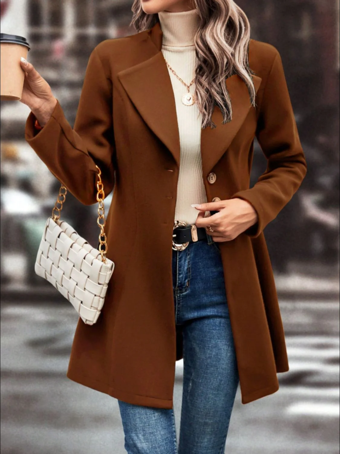 Collared Neck Button Up Long Sleeve Coat - Image 7