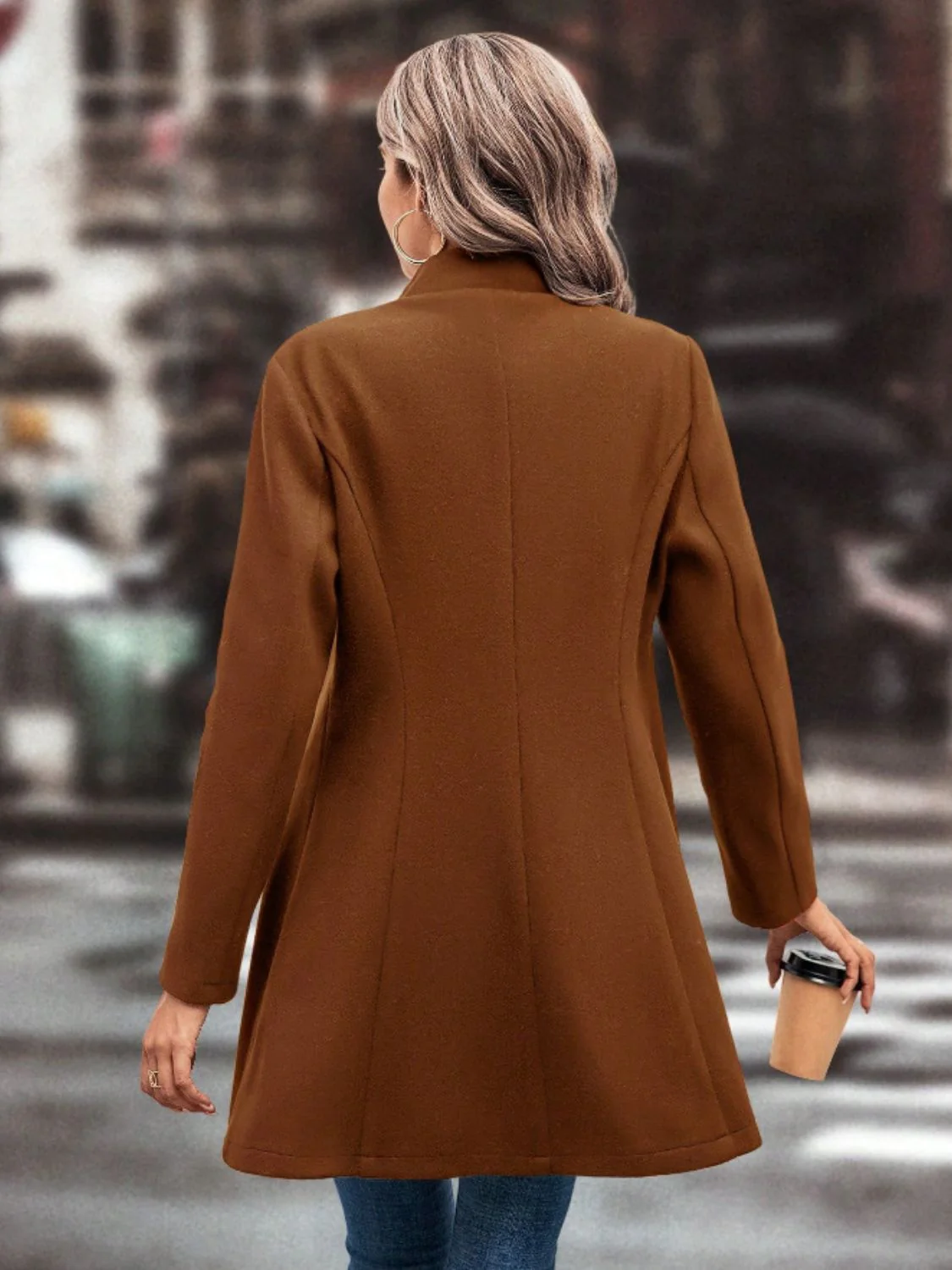 Collared Neck Button Up Long Sleeve Coat - Image 9
