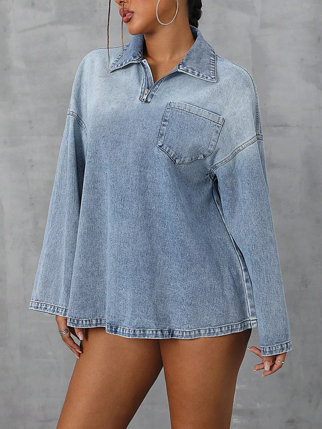 Collared Neck Drop Shoulder Denim Top - Image 2