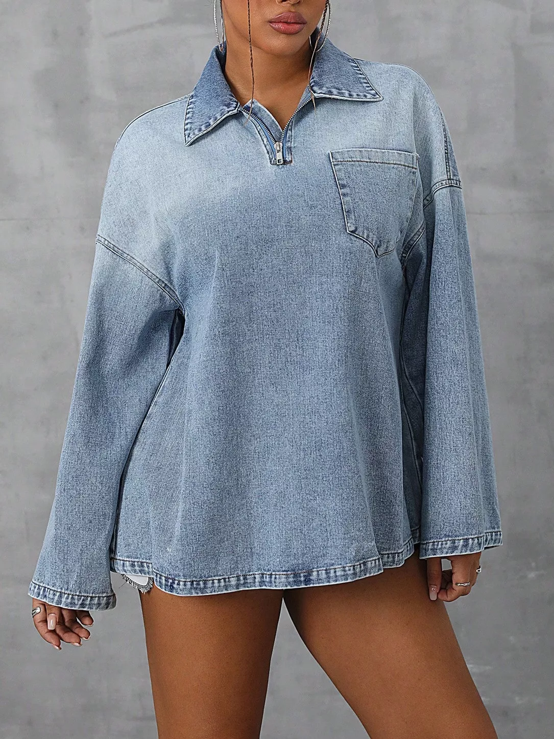 Collared Neck Drop Shoulder Denim Top - Image 3