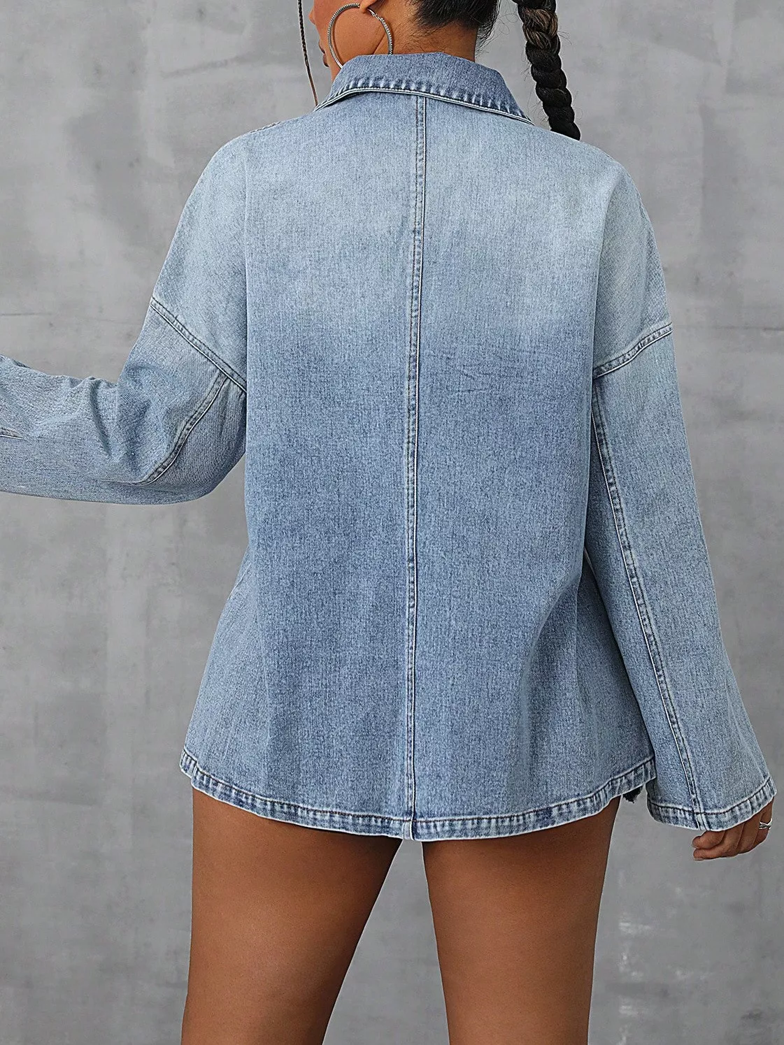 Collared Neck Drop Shoulder Denim Top - Image 4