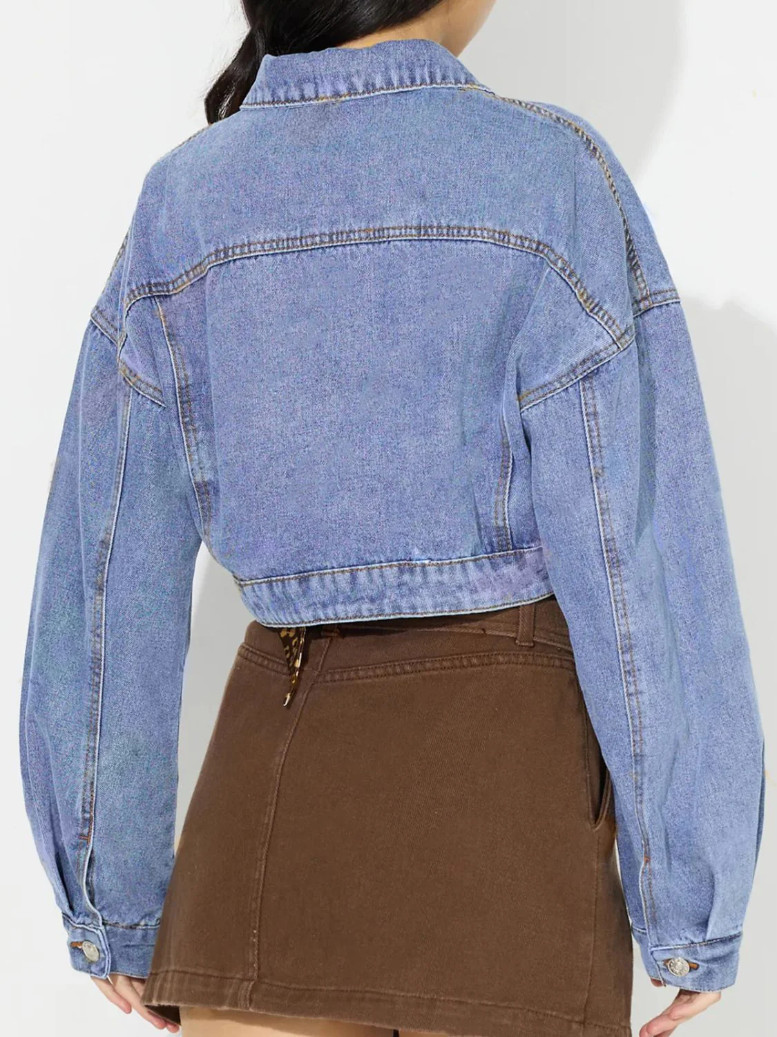 Collared Neck Dropped Shoulder Cropped Denim Top - Image 2