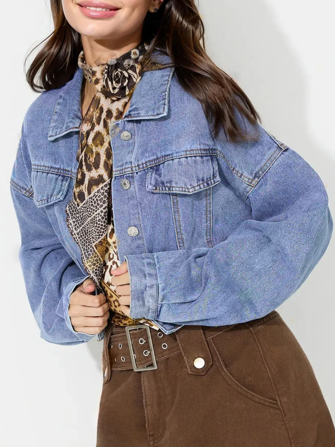 Collared Neck Dropped Shoulder Cropped Denim Top - Image 3