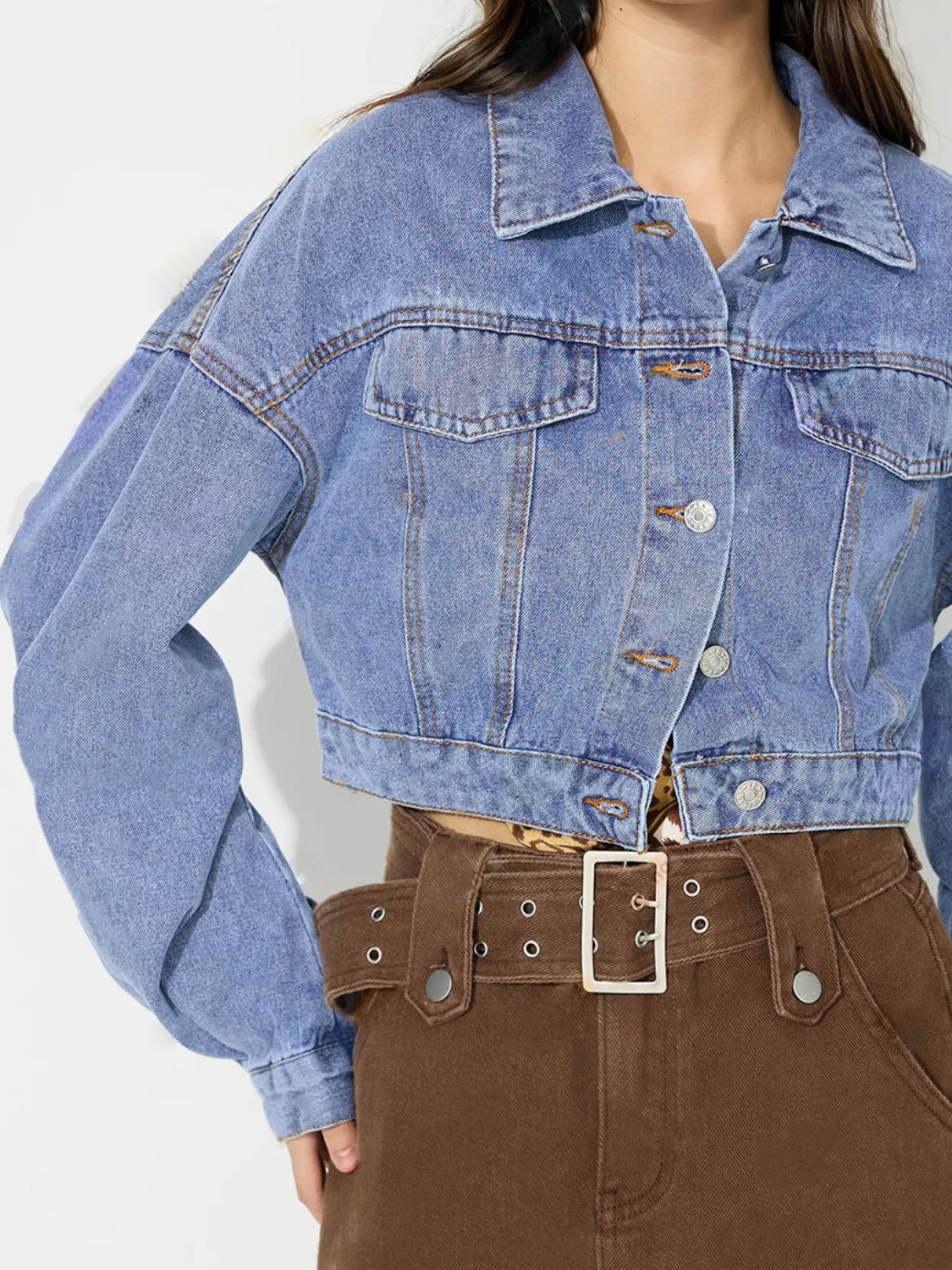 Collared Neck Dropped Shoulder Cropped Denim Top - Image 4