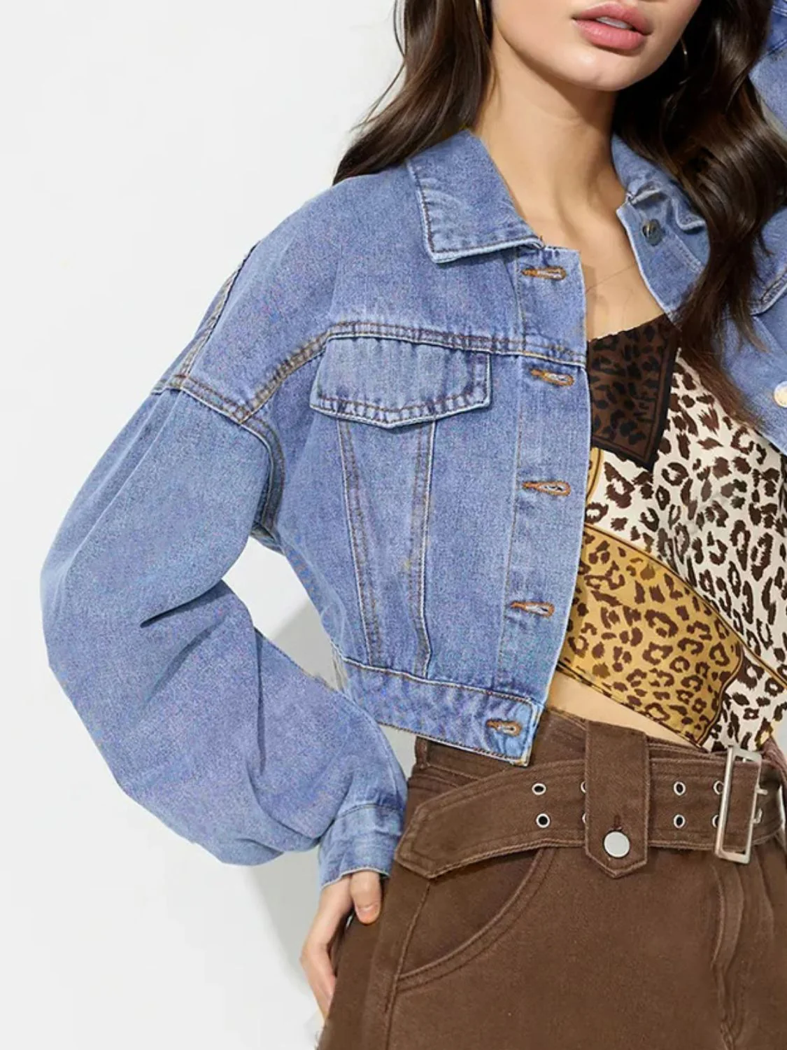 Collared Neck Dropped Shoulder Cropped Denim Top - Image 5