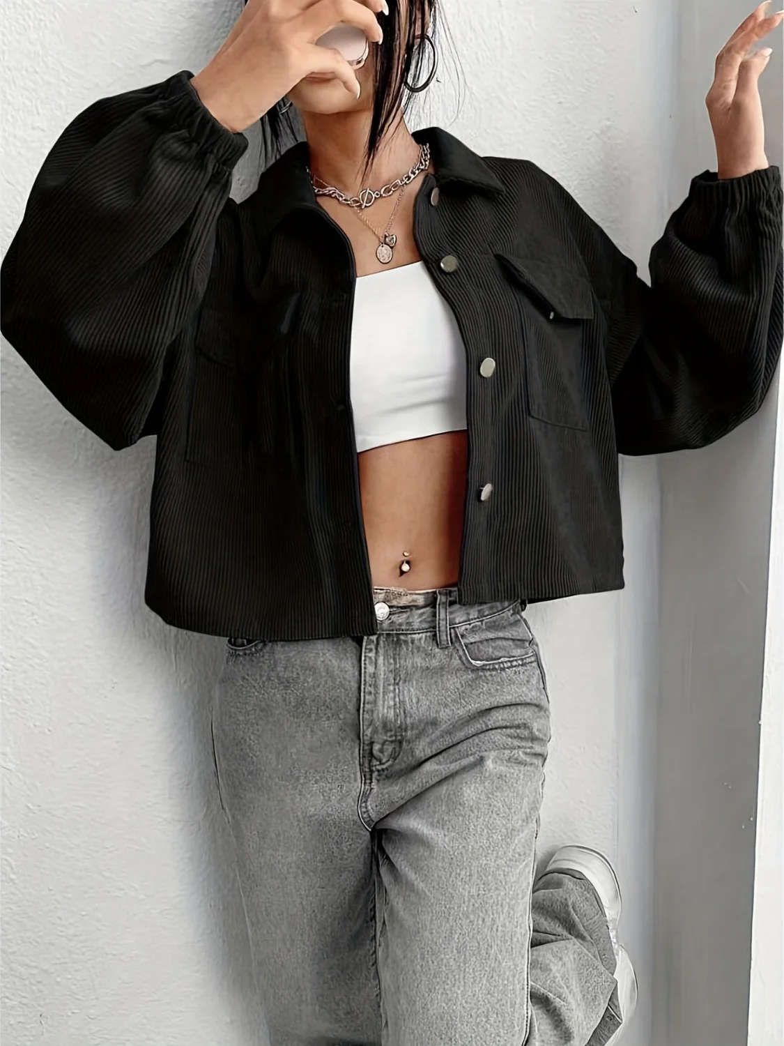 Collared Neck Dropped Shoulder Jacket - Image 6