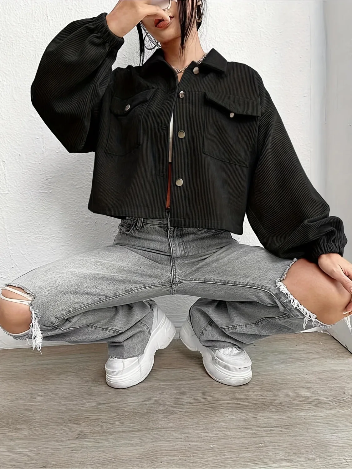 Collared Neck Dropped Shoulder Jacket - Image 7