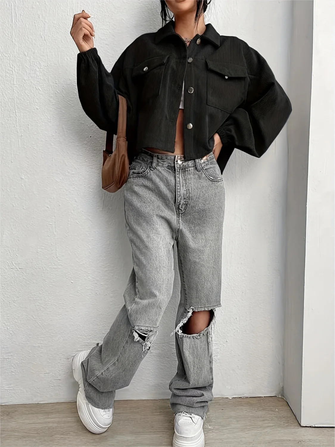 Collared Neck Dropped Shoulder Jacket - Image 9