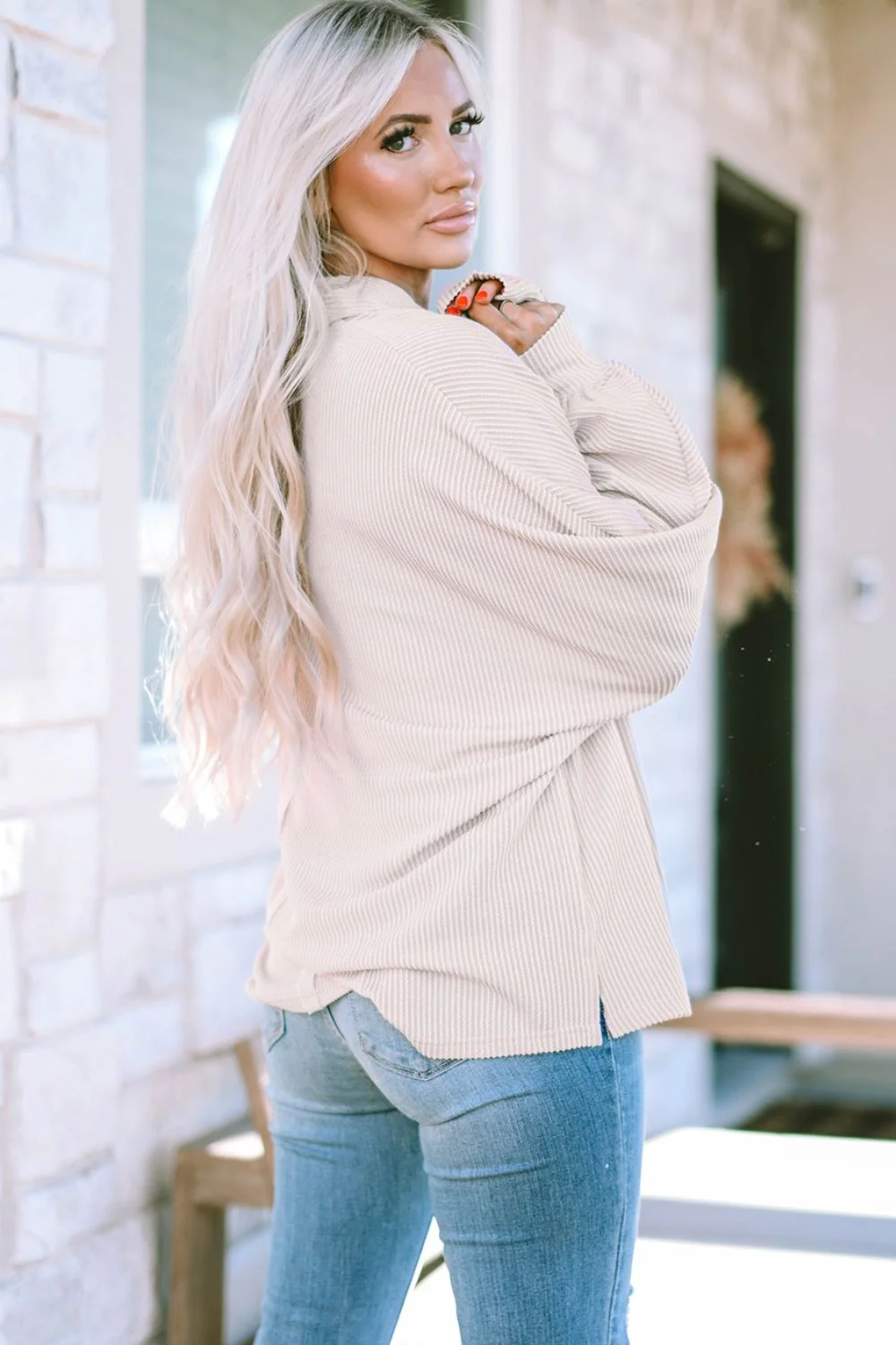Collared Neck Half Button Long Sleeve Blouse - Image 5