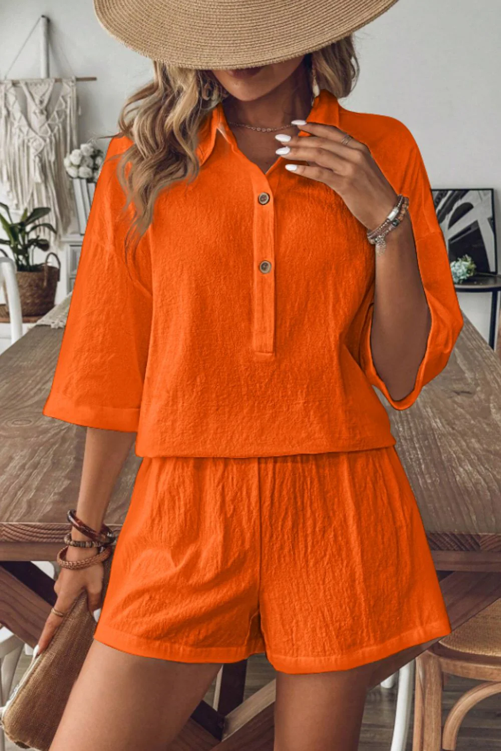 Collared Neck Half Sleeve Top and Shorts Set - Image 15